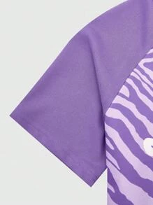 SHEIN 2pcs/Set Girls Zebra Print & Letter Short Sleeve Raglan T-Shirt And Shorts, Suitable For Daily Outdoor Activities - Multicolor - View 4