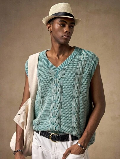 Business Casual AKNOTIC 男士浅蓝色无袖毛衣 - V 领 - 休闲套头衫，春秋季，手洗干洗，适合全球男士针织上衣男士钩针上衣男士夏季上衣男士度假装