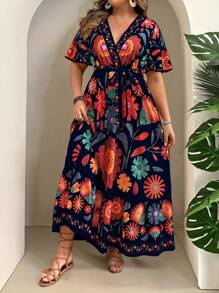SHEIN Clasi Plus Size Tropical Vacation Abstract Art Print Cross V-Neck Belted Ruffle Hem Long Sun Dress - Navy Blue - View 4