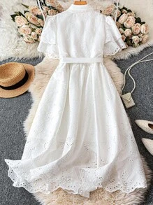 SHEIN LUNE 大码女式度假花卉刺绣荷叶边短袖单排扣衬衫裙