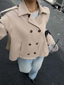Muchica Women's Casual Solid Color Double Breasted A-Line Wind Jacket, Spring/Autumn - Khaki - View 1