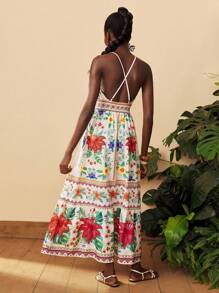 Travachic Tropisches Muster-Neckholder-Rückenfreies Kleid für den Urlaub, Herbst Damenbekleidung, Herbstbekleidung, Kleider für Damen, Damenkleider, Urlaubsoutfits für Frauen, Sommeroutfits für Damen