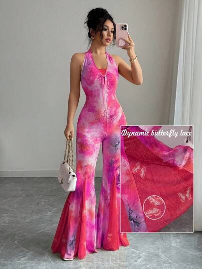 Elenzga Mono de encaje con estampado floral y collar de cadena dorada (corte aleatorio)