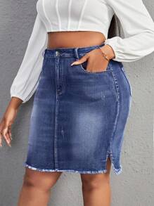 SHEIN SXY Plus Size Women Pocket Fringe Hem Bodycon Denim Mini Skirt