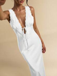 SHEIN BAE Váy dài bằng vải satin màu vàng trơn gợi cảm thanh lịch cổ chữ V sâu thắt eo viền ren mùa xuân và mùa hè, thích hợp cho ngày lễ tình nhân, tiệc tùng, lễ hội âm nhạc, phù dâu, vũ hội trang trọng, kỳ nghỉ, váy vàng - trắng - Xem 6