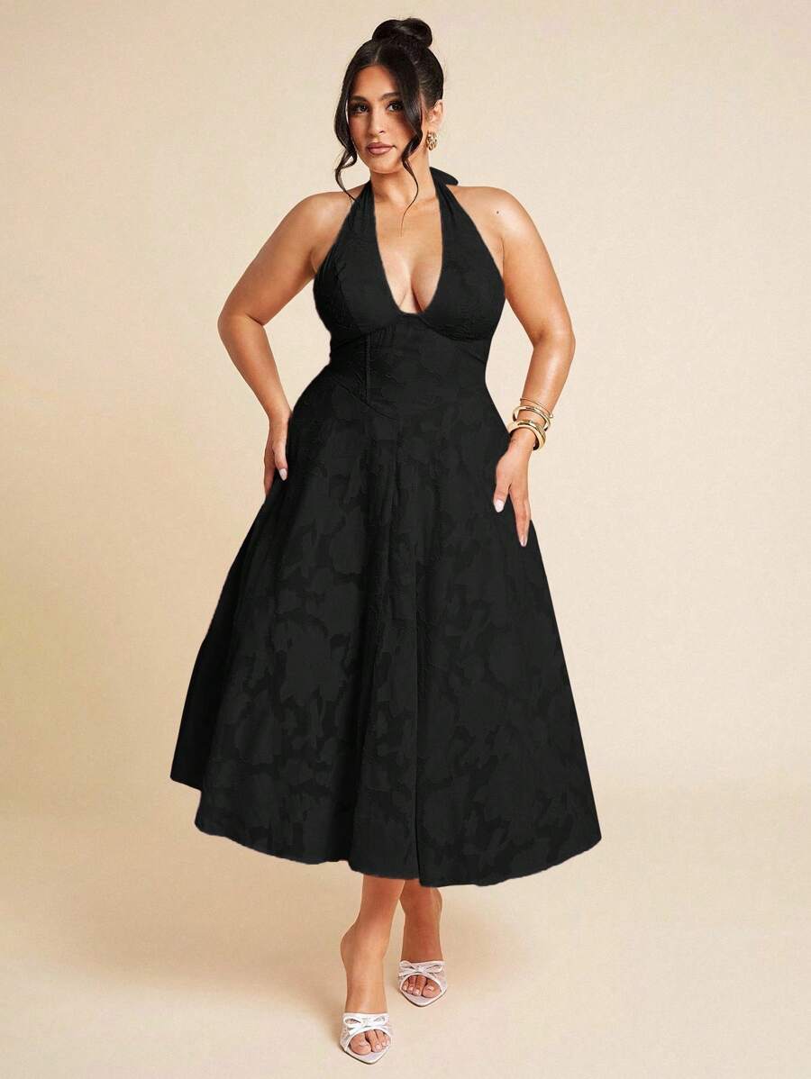 SHEIN BAE 大码女式春夏粉色 V 领露背纹理面料雪纺连衣裙、女式复活节连衣裙、毕业服装、女式性感俱乐部服装、女式春季服装、夏装、节日晚会服装、女式生日服装、婚礼服装、女式度假服装、音乐会 - 黑色 - 查看 1