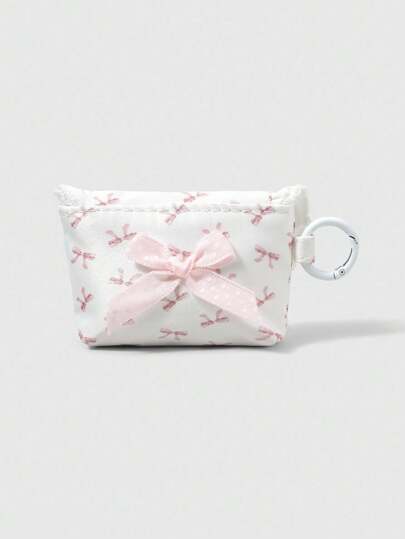 Kawaii White Lace, Pearl & Bow Pattern Portable Mini Coin Purse, Earbud Case