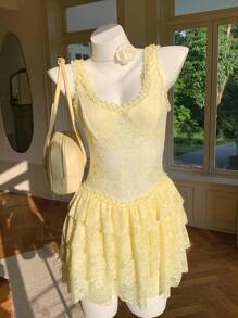 Comfortcana Vestido mini sexy de color liso con encaje, para verano - Amarillo - Ver 6