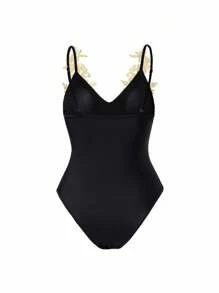 Swim Oasis Women's Gold Floral Embroidery Slimming Black One Piece Swimsuit With Skirt, Sexy Casual Outfit For Spring/Summer Vacation, Beach Party, 2pcs Set - Multicolor - View 7