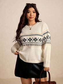 Elaquor Suéter de punto con patrón geométrico, informal para otoño/invierno, talla grande - Multicolor - Ver 4