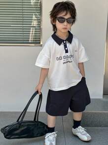 Dazy Kids Toddler Boys 2pcs Set - Letter Print Polo Shirt + Shorts, Autumn Outfit - White - View 2
