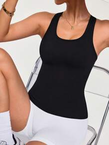 Seamluxe SHEIN Sport 女士纯色无缝交叉后背运动吊带背心 - 黑色 - 查看 2