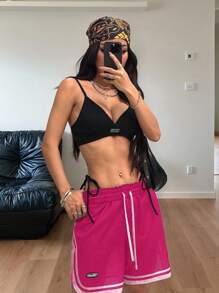Coolane Women's Spring/Summer Streetwear Sportswear Breathable Mesh Sport Black Shorts - Hot Pink - View 2