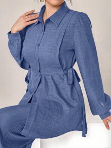 Mulvari Women 2pcs Set Front Button Long Sleeve Casual Blouse And Trousers 2 Pieces Set Modest - Blue - View 7