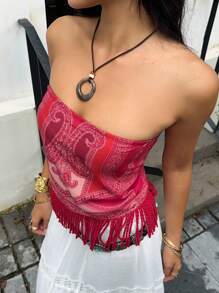 Sunnyshic Vintage Paisley Pattern Crochet Tassel Lace-Up Backless Crop Top - Red - View 8