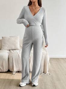 SHEIN 2件套孕妇纯色裹身打结长袖上衣和裤子休闲哺乳套装