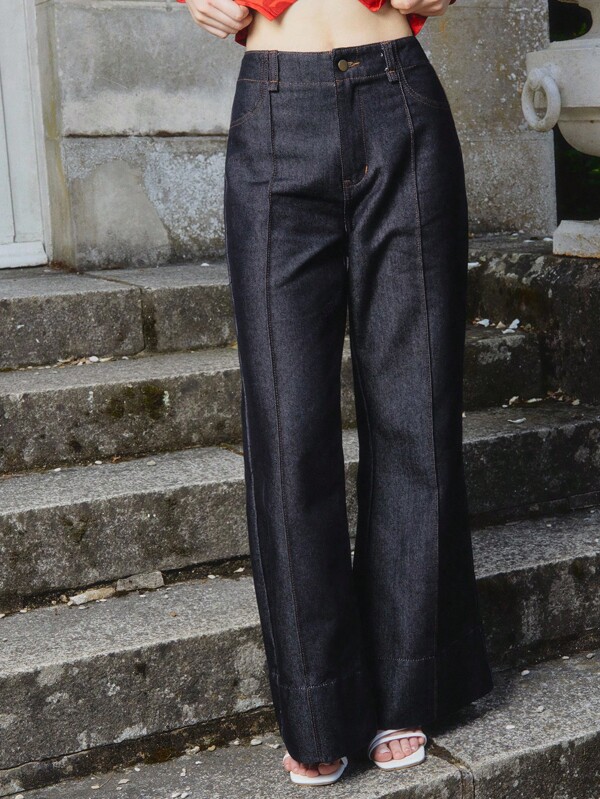 lacRébo سراويل جينز قطن داكن بتفاصيل خياطة أمامية ذات قصة واسعة للنساء، ملابس نسائية للخريف، أزياء مكتبية للنساء في فصل الخريف