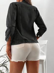 SHEIN Cottnline Flap Pocket Button Front Denim Jacket - Black - View 2