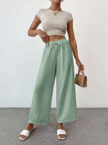 EURMUSE Quần nữ thường ngày màu trơn Petite Cottnline Knot - Màu xanh Bạc hà - Xem 4