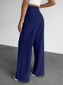 EURMUSE Plain Pocket & Pressed Crease Wide-Leg Casual Pants - Navy Blue - View 2