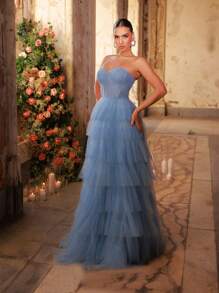 Glamrae 优雅奢华的浅蓝色亮片刺绣和圆点网眼拼布 V 领带胸罩杯分层正式晚礼服 - 淺藍色 - 查看 5