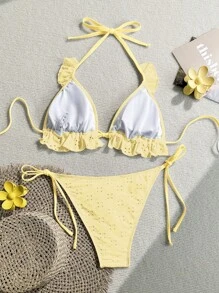Swim Mod 女款夏季海灘針織提花抓皺三角黃色比基尼套裝，側綁帶泳褲，甜美兩件式泳衣 - 黃色 - 查看 5