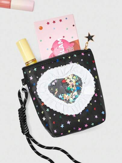 Kawaii Bolsa cosmética portátil de gran capacidad con patrón de flor y estrella colorido en forma de trapecio