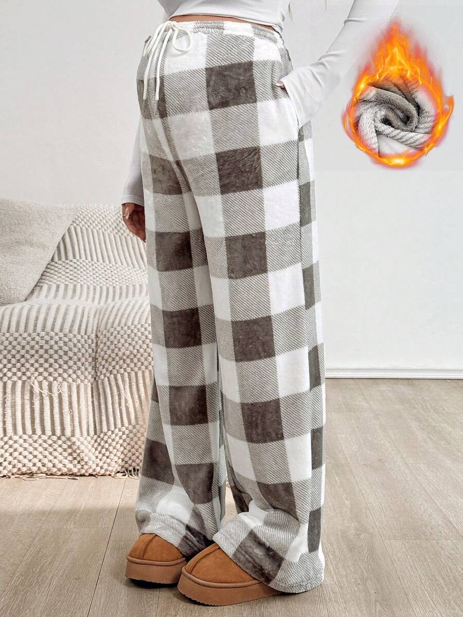 SHEIN Autumn And Winter  Maternity Plaid Print Drawstring Waist Pocket Pants, Warm For Autumn And Winter Plaid Pants Fleece Pants Pajama Pants Checkered Pants Lounge Pants