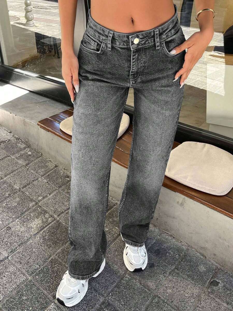 EURMUSE 96% 棉直筒中腰牛仔裤 - 淺灰色 - 查看 1