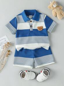 SHEIN 男婴休闲可爱小熊刺绣徽章条纹短袖polo衫和短裤套装，适合夏季男婴夏季服装条纹两件套，适合男婴夏季幼儿穿着。