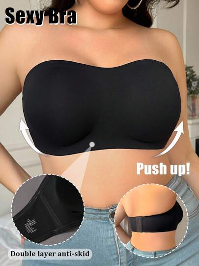SHEIN Compression Support Plus Size Black Strapless Bra With Smooth Knitted Fabric Wireless Pushup Bra Strapless Strapless