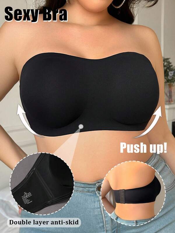 SHEIN Compression Support Plus Size Black Strapless Bra With Smooth Knitted Fabric Wireless Pushup Bra Strapless Strapless