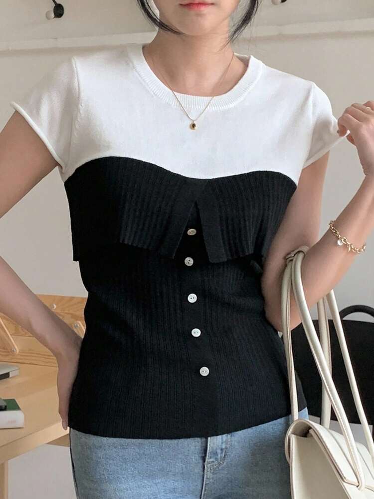 Women's Patchwork Contrast Color Round Neck Short Sleeve Casual Knit Top, Summer