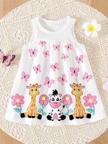 SHEIN Vestido sin mangas con diseño de vaca y jirafa lindos para niña, primavera/verano
