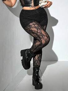 SHEIN LUNE Quần bó eo ren đen co giãn cao cỡ lớn cho nữ, Halloween - màu đen - Xem 1