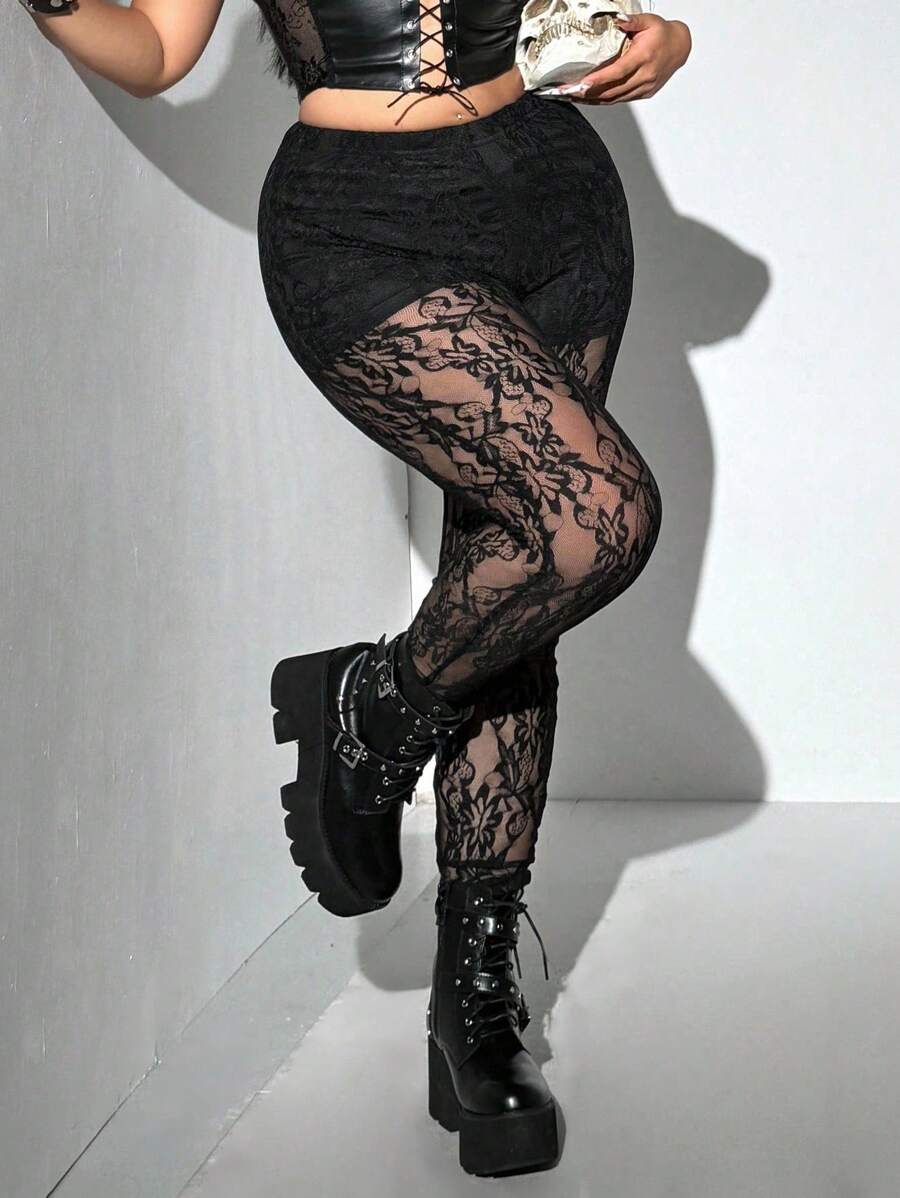 SHEIN LUNE Quần bó eo ren đen co giãn cao cỡ lớn cho nữ, Halloween - màu đen - Xem 1