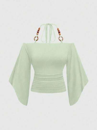 Hippie Vintage Lose Holzperlen Dekor Fledermausärmel Damen T-Shirt, Off-Shoulder