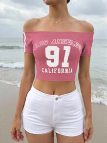 SHEIN ICON Letter Graphic Off Shoulder Crop Tee - Watermelon Pink - View 1