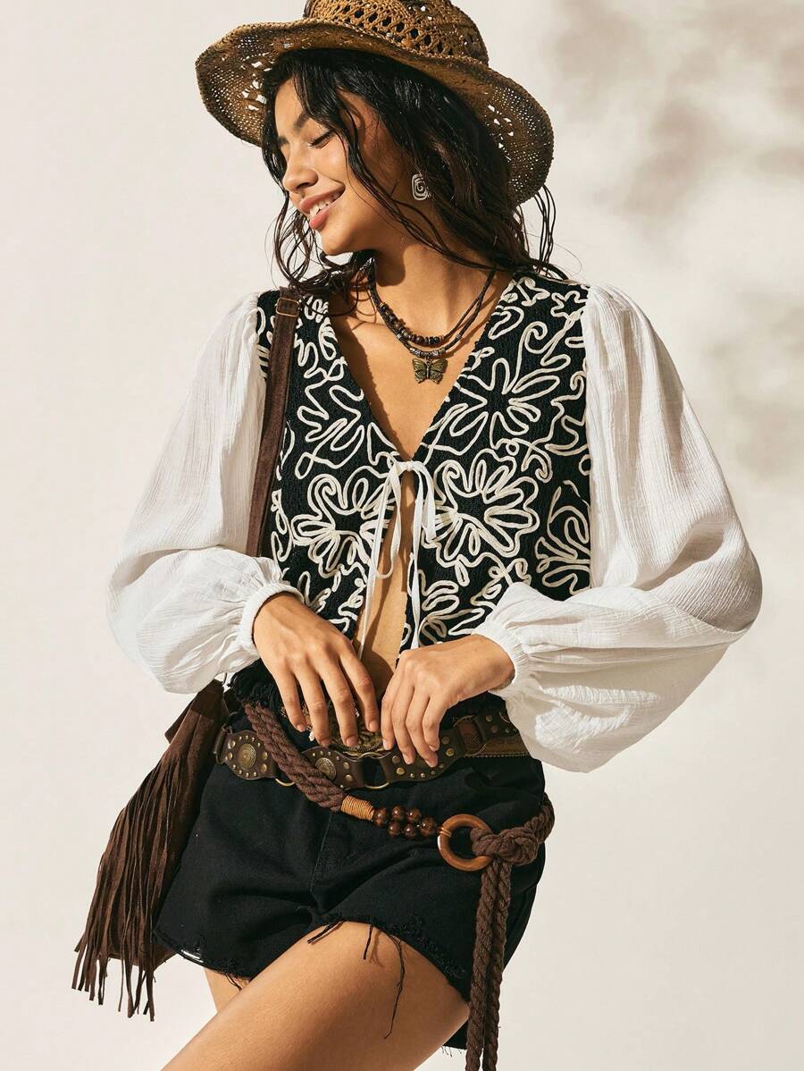 Easelle Holiday Casual Black And White Loose Embroidery Three-Dimensional Texture Embroidery Women's Long Sleeve Shirt Long Sleeve Top Western Top Fall Women Clothes Going Out Tops - Black and White - View 1