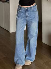 DAZY Vintage Versatile Wide Leg All-Match Straight Distressed Washed Blue Floor-Length Women Jeans