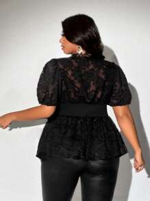 Plus Size Women V-Neck Lace Short Puff Sleeve Blouse - Black - View 6