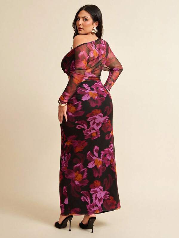 SHEIN BAE Plus Size Women's Date Night Minimalist Elegant Comfortable Asymmetric Neck Pleated Top And Low Waist Twist Knot Skirt Elegant Lady's 2 Pieces Set/Fall Two Pieces Sets/Top And Skirt Set/Knit Set,Purple And Black Printed Long Mesh Two Pieces Suit,Fall Women Clothes,Halloween,Back To School Clothes,School Clothes,Christmas,Winter,Summer Dresses For Women,Wedding Guest Dress Women Curve,Plus Size Dresses,Birthday Outfits For Women,Vacation Outfits Woman,Formal Dresses For Women,Western Wear Women,Purple Set,Mesh