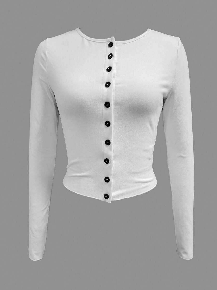 INAWLY Tricou mulat cu mânecă lungă, cu decolteu în V, de culoare uni, toamnă - alb - Vizualizare 1