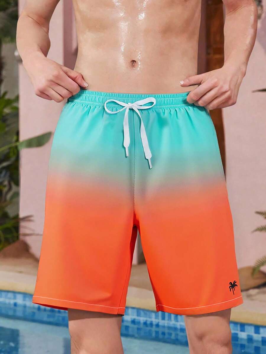SHEIN Teen Boy Ombre Palm Tree Print Drawstring Beach Shorts