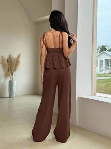 Comfortcana 棕色编织亚麻背心和裤子套装 - 棕色 - 查看 6