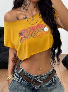 Coolane 女士夏季字母印花不对称领短款休闲 T 恤 - 黃色 - 查看 1