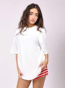 SUMWON Oversized Summer Tee Small Logo Minimalist Modern Casual Top Weekend Street Style Short Sleeve Tshirt Essential Basic Comfort Relaxed Fit - White - View 2