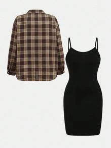 Girlism 2 件套青少年女孩运动复古学院风格子领宽松衬衫和黑色纯色吊带背心紧身短款迷你连衣裙，休闲街头风格春夏秋季开学装