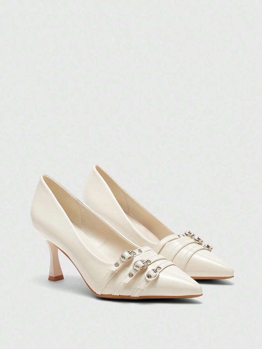 CUCCOO BIZCHIC Zapatos de tacón alto con punta estrecha para mujer, zapatos de tacón sexy y elegantes de recubierto blanco con hebilla de metal - Blanco - Ver 1