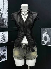 EgrlEra Women's Summer Fashion Textured Striped Sheer Blouse - Black - View 5